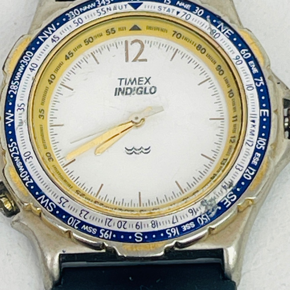 Timex Watch Mens Indiglo Compass White Dial Black Strap Sport Untested For Parts
